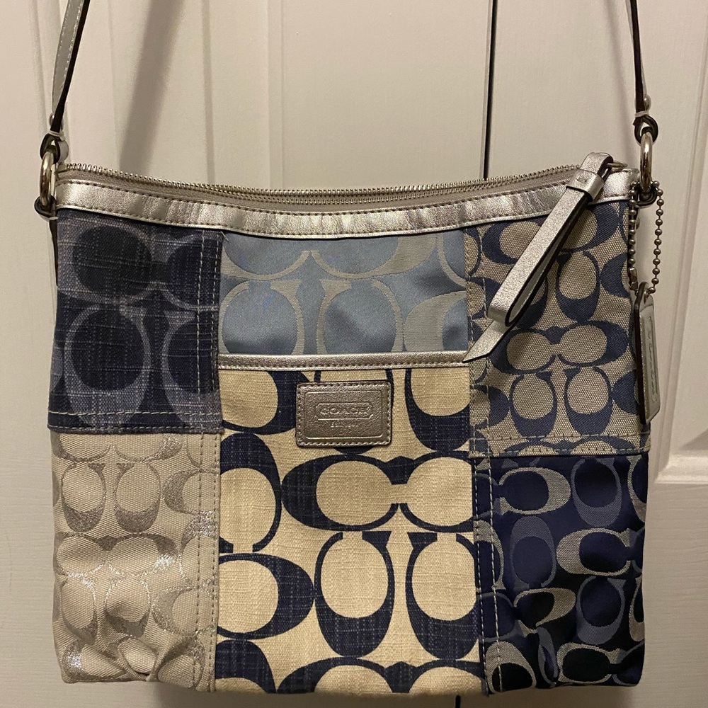 Denim blue and white canvas purse